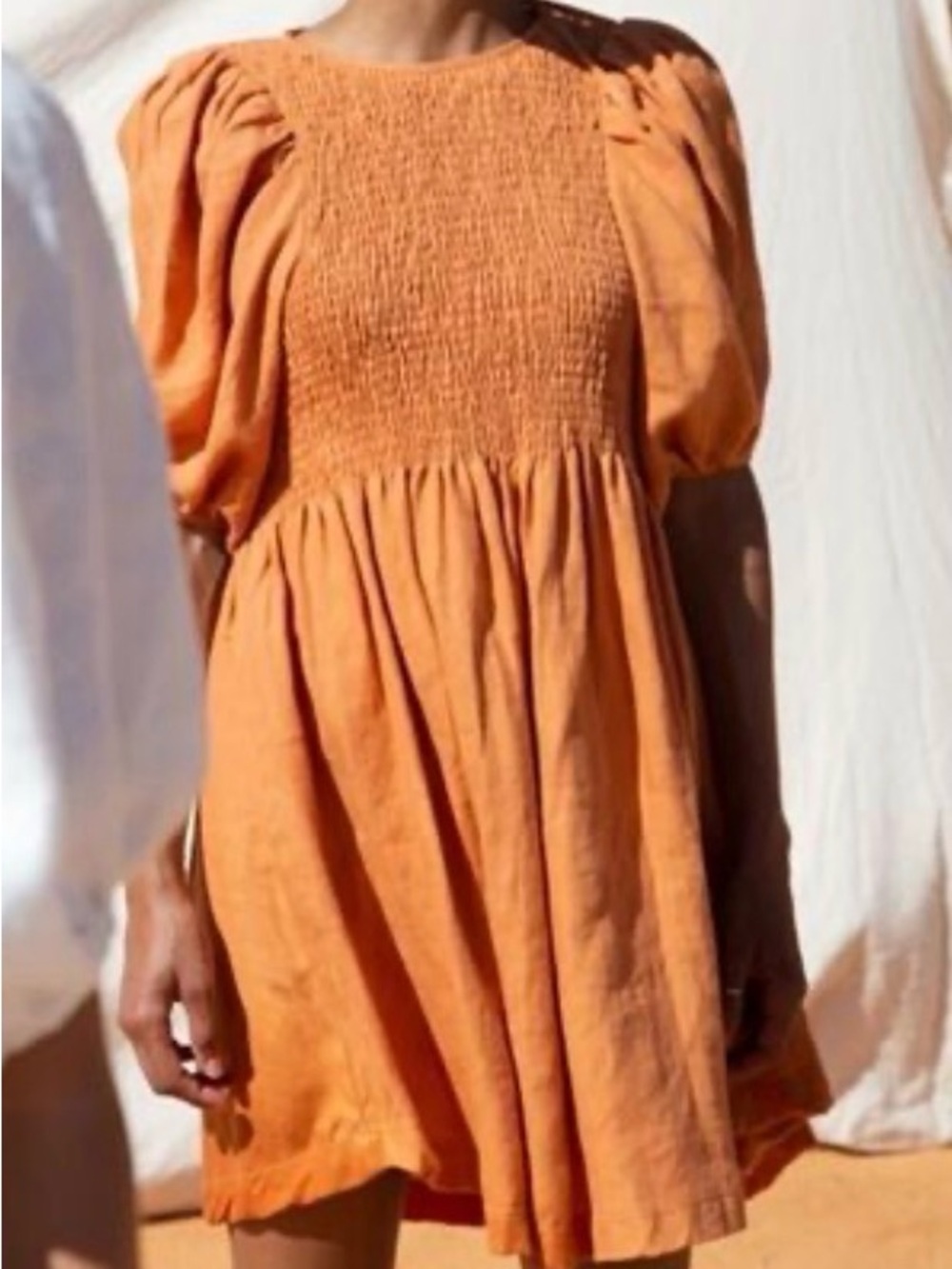 Smocked Puff-Sleeve Mini Dress in Orange